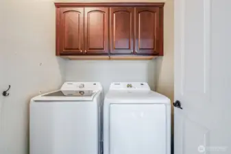 Convenient upper-level laundry room with overhead storage cabinets. Please note that the washer and dryer do not convey.