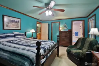 Primary Bedroom. Walk in closet not shown. Door leads out to hot tub.