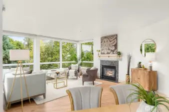 wood burning fire place in bright living room