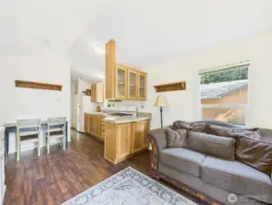 Tiny home living area and kitchen