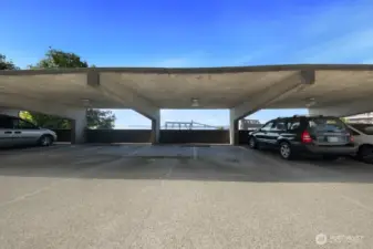 Two covered parking space numbers: 43 and 44