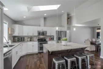 Granite and tile back splash.