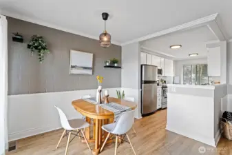 The dining room flows effortlessly into the kitchen.