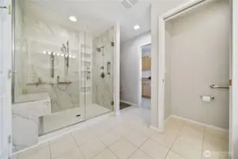 Updated walk-in shower in primary bathroom