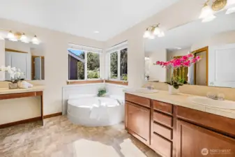 5-peice primary bath with double sink vanity, deep tub, separate glassed in shower and comode.