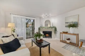 Warm up by the wood burning fireplace.