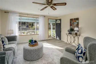 Living room with ceiling fan.