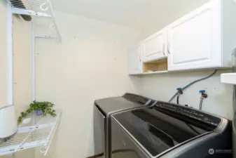 Laundry room with shelving & cupboards