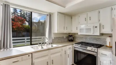 A close-up of the kitchen sink, positioned under the large window that overlooks the spacious back yard.