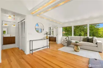 There is a circular floor plan. Living room, bedroom, vanity room with walk in closet out to the 3/4 bath.