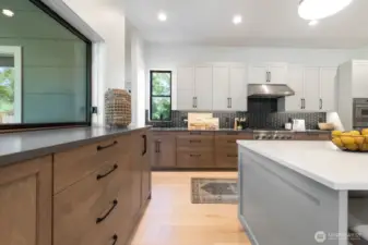 Kitchen has quality finishes. Notice the very cool pass through window to the left.