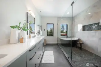 Primary bath has walk in shower and feels like an oasis.