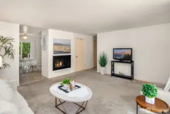 Wood-burning fireplace.