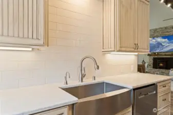 Stainless farmhouse sink, under-cabinet lighting, and custom backsplash.