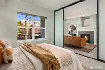 Contemporary sliding glass doors allow you to close the bedroom off or leave it open.
