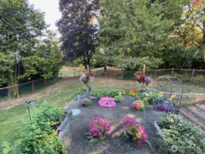 Fenced back yard space and room for pets.  Additional acreage and park like setting is beyond the fencerd area