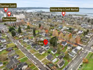 Close to it all! Easy access to Providence Everett, downtown Everett and the Pedestrian Bridge joining the NW neighborhood to the bustling Everett Waterfront District. Restaurants, a flat 2.5 +concrete pathway, Year Round Festivities and more.