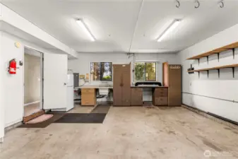 Spacious garage with built-ins.