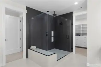 Love this Large walk-in Shower in the Primary Suite appointed with Dramatic Tile Floors and accent walls!