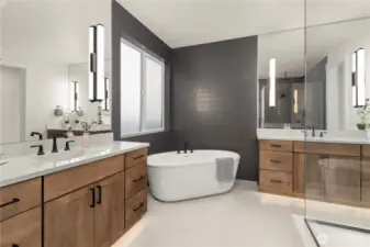 A Stand alone Soaking Tub is companioned with an increble large Tiled Walk-in Shower complet with Rainhead and other components.