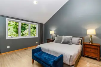 The main floor primary suite includes a walk-in closet and vaulted ceilings.