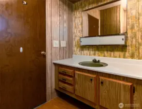 Main bath has lots of storage and counter space.