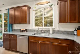 Views of the backyard while you work in front of the sink. Dishwasher located to the left of sink.