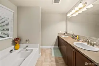 Primary en-suite full bathroom with dual sink vanity and large mirror