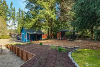 Chicken coop and lofted shed on the East side of the house. Terraced backyard slopes sideyard down to the shed.