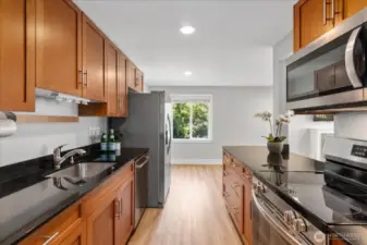 Lots of cabinets and onyx granite counters. Undermount sink.