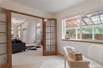 Perspective from the fourth bedroom or office, looking into the family room.
