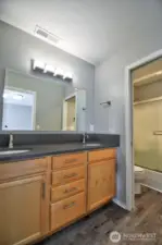 Primary Bath ensuite, two sinks, and a separate shower and toilet room.