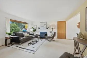 Cozy wood-burning fireplace.