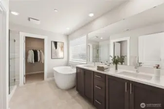 Primary bath, with sizeable closet, virtually staged.  Home for sale will include white cabinetry.