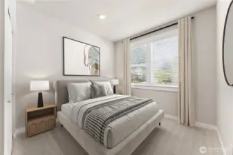 Main floor bedroom virtually staged, adjacent to 3/4 bath.