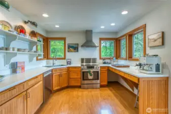 Newly remodeled kitchen has fantastic light with sun drenched afternoons and evenings .