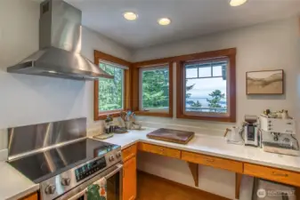 Meal prep with a view! New stove and Fabre hood makes cooking a joy.