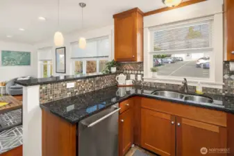 The kitchen overlooks the main living area so you can stay connected while prepping meals.