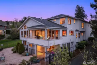 Sunset looking at the rear of the home.