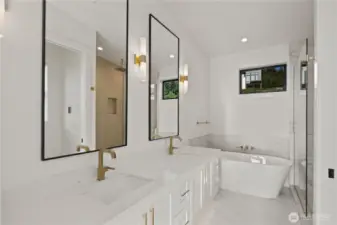 Spacious primary bath w/heated tile flooring, under-cabinet lighting...