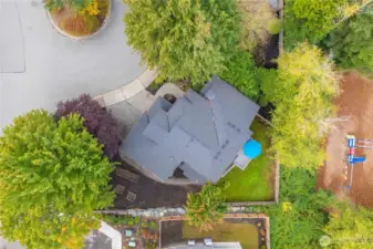 Stunning aerial view showcasing the expansive cul-de-sac lot, mature landscaping, and peaceful setting.