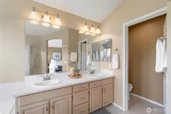 The roomy vanity with double sinks and designer lighting.
