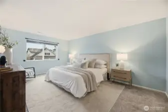 Spacious primary bedroom. Ample space even with a king size bed.