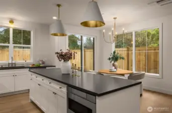 Chef's kitchen with quartz island and countertops.