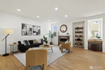 Comfortable common room centered around a cozy fireplace.