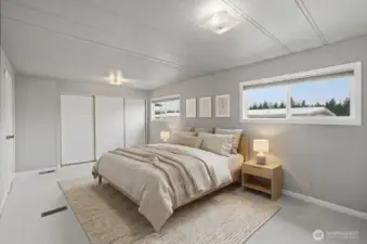 virtually staged primary bedroom with large closet