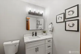The main floor guest bathroom is newly remodeled and features new cabinets, quartz counters, mirror, lighting and toilet.