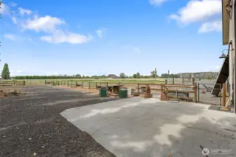 All pastures have solid wood fence on 8ft posts with no climb horse fence sandwiched between the rails. There's a highline and hitching posts.