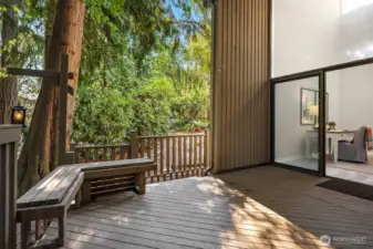 Deck off the dining area currently staged as an office.