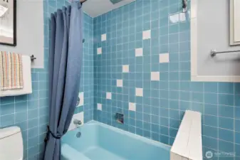 Beautiful blue tub and tile shower combo adds a pop of color and vintage charm